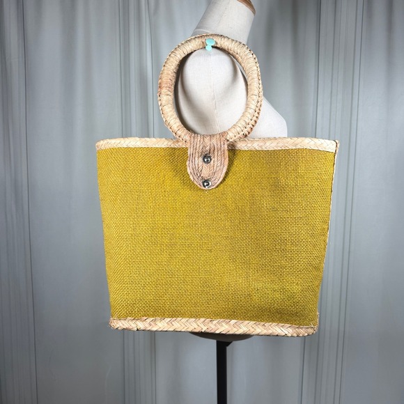 The Unbranded Brand Handbags - Retro Chartreuse Woven Straw & Burlap Basket Tote